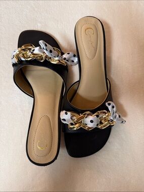 Cato Black Slide Mules with Gold Chain and Polka Dot Scarf
